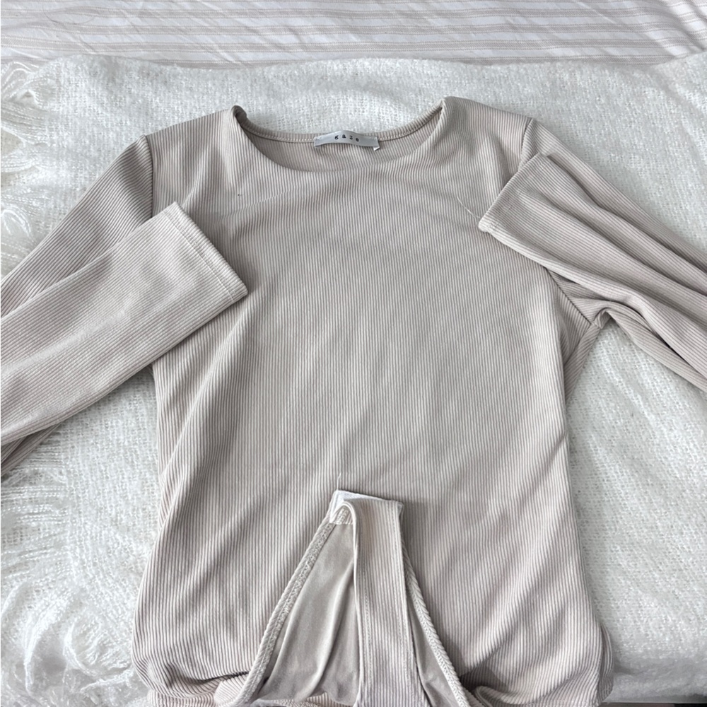 Beige Long Sleeve Ribbed Top